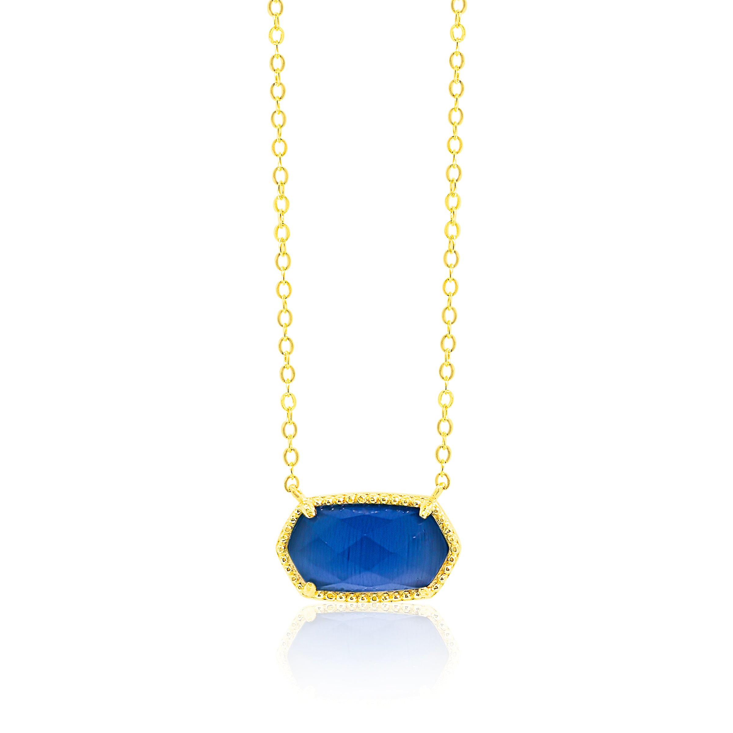 Create Blue Sapphire and  Halo Cubic Zirconia Gemstone Necklace Yellow Gold Tone Necklace
