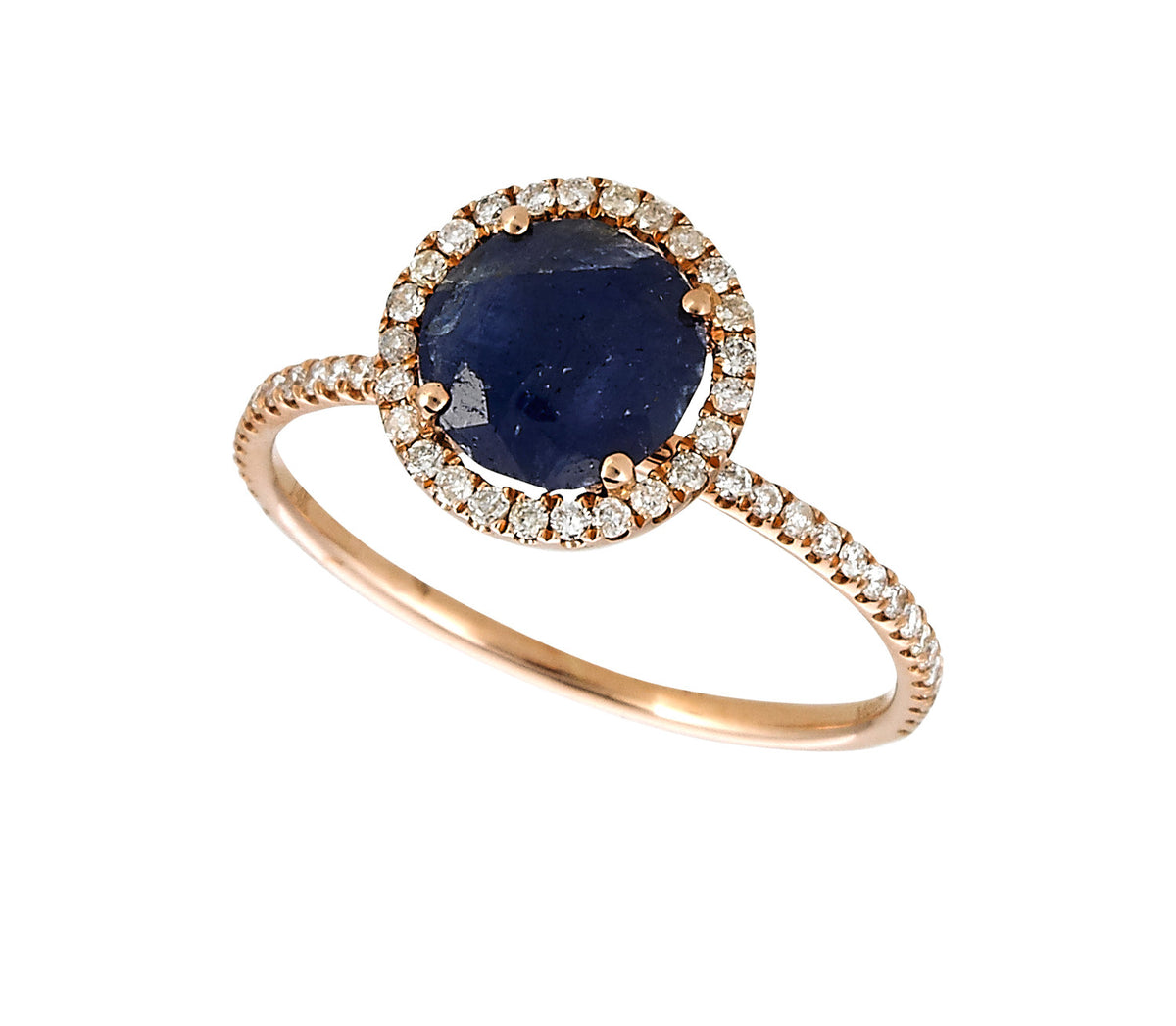 Rough Blue Sapphire Cocktail Ring in Round Diamonds and Rose Gold