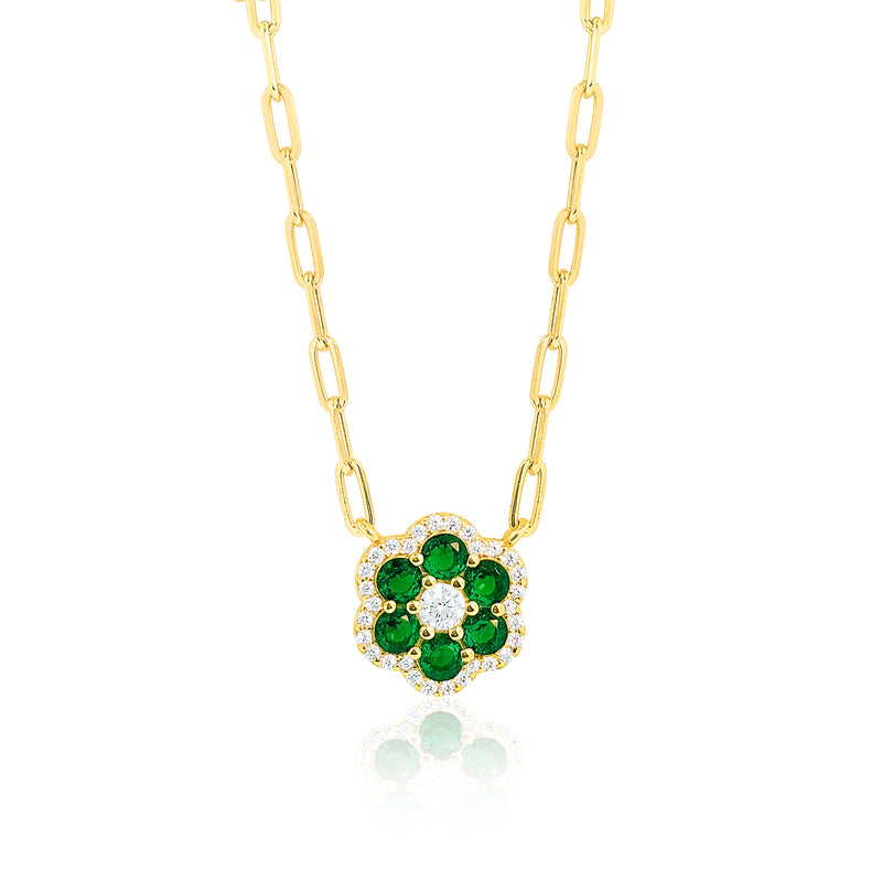 Vermeil Paperclip Created Emerald and CZ Flower Rose Layering Necklace