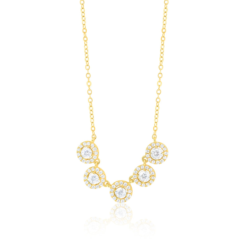 Cocktail Necklace with Create White Topaz and CZ Halo Solitaires Gold Over Silver 18 Inches Adjustable