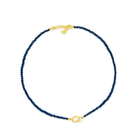 Created Blue Sapphire Bead Necklace with Silver over Gold and CZ Enhancer Charm Clip