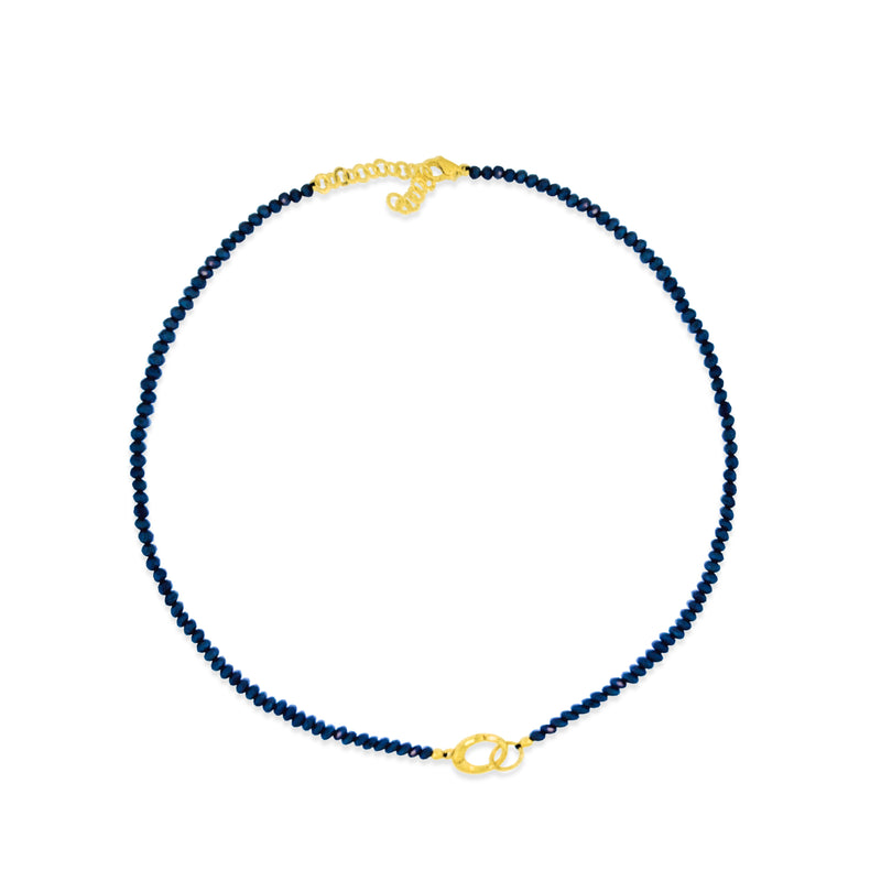 Created Blue Sapphire Bead Necklace with Silver over Gold and CZ Enhancer Charm Clip
