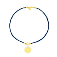 Created Blue Sapphire Bead Necklace with Disc Charm and CZ Accents Adjustable