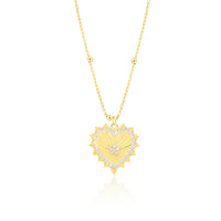 Heart Necklace with Textured Center and Pave CZ Spikes on Gold over Silver Beaded Chain