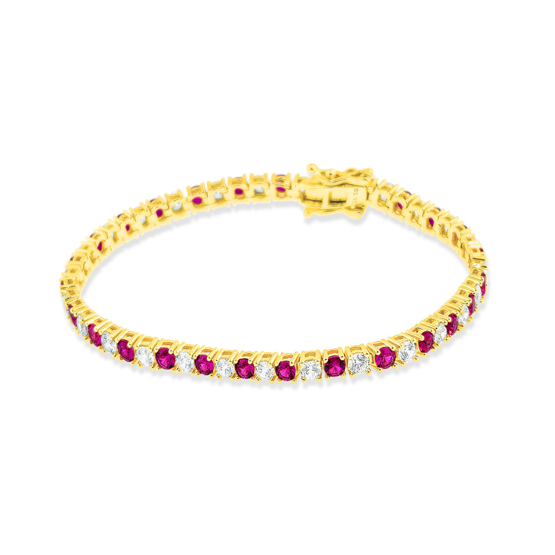 Created Ruby Alternating CZ Gold over Silver Tennis Bracelet 7 inches