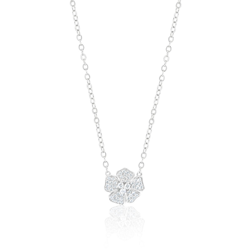 Silver and CZ Flower Rose Necklace with Pave 18 Inches Adjustable