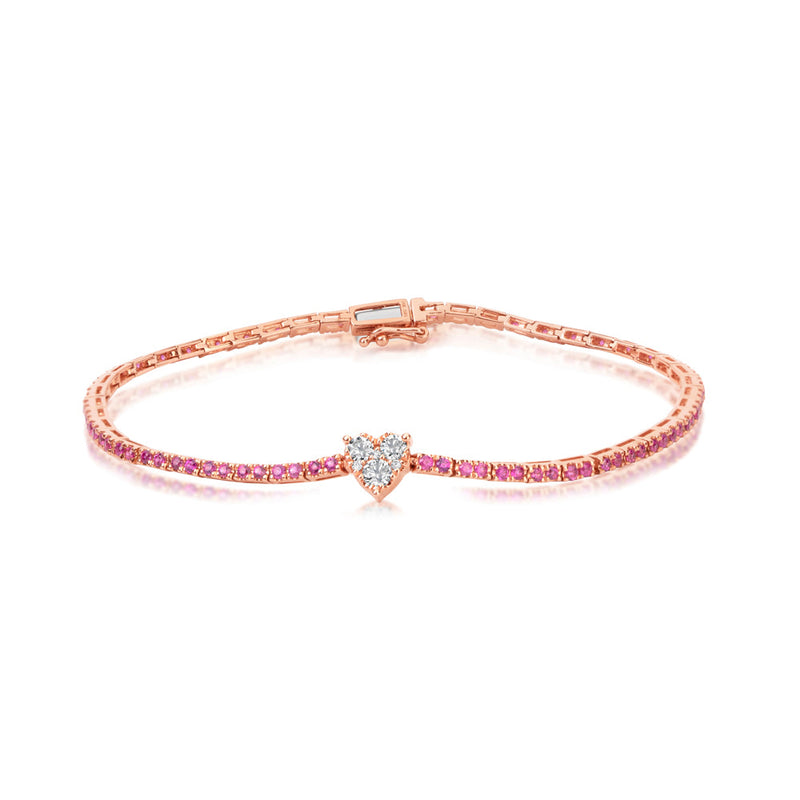 Rose Gold Ruby & Diamond Heart Tennis Bracelet  14kt Rose Gold 7 Inches