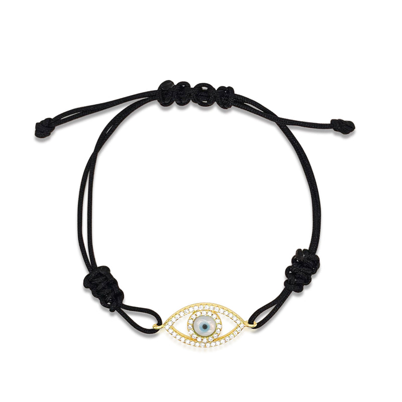 Etoielle Black Cord Yellow Gold Tone CZ Evil Eye Bracelet