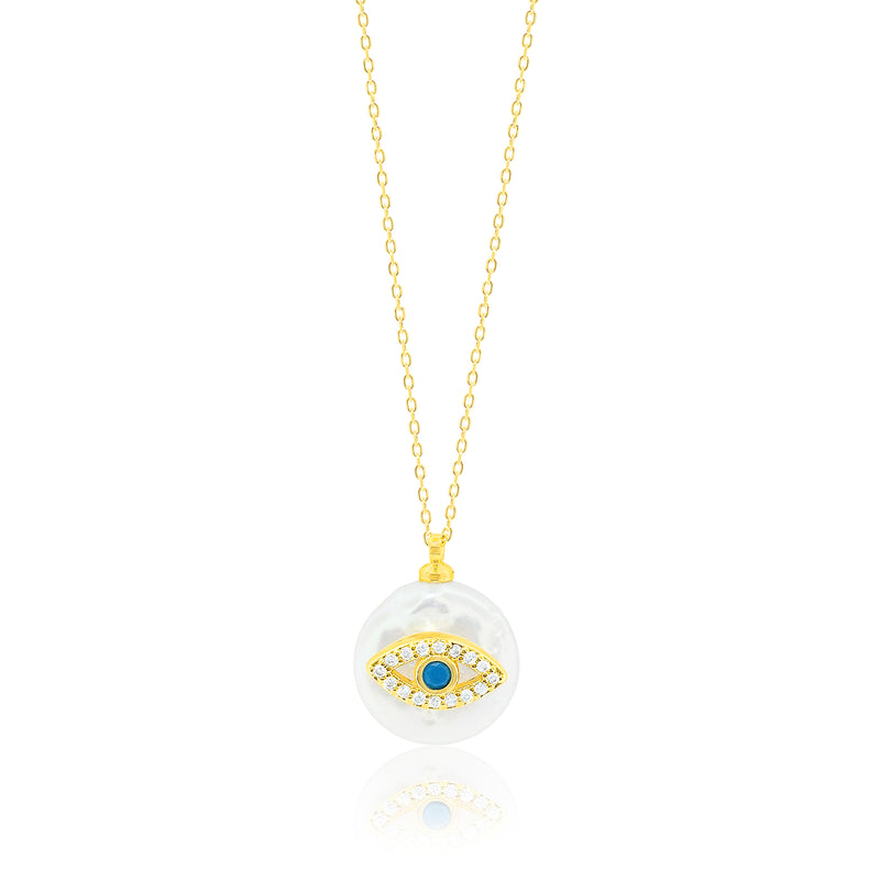 Etoielle Evil Eye Pearl Layering Necklace with Yellow Gold Tone Chain and Created Blue Saphire Accent