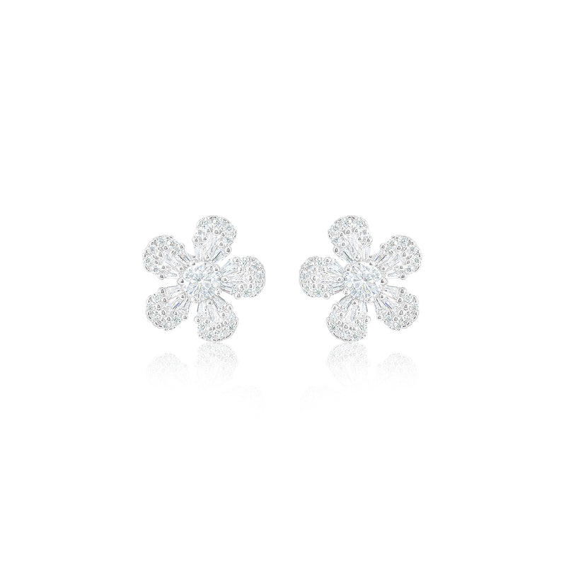 White Gold Tone Floral Studs Pave Cubic Zirconia Statement Earrings