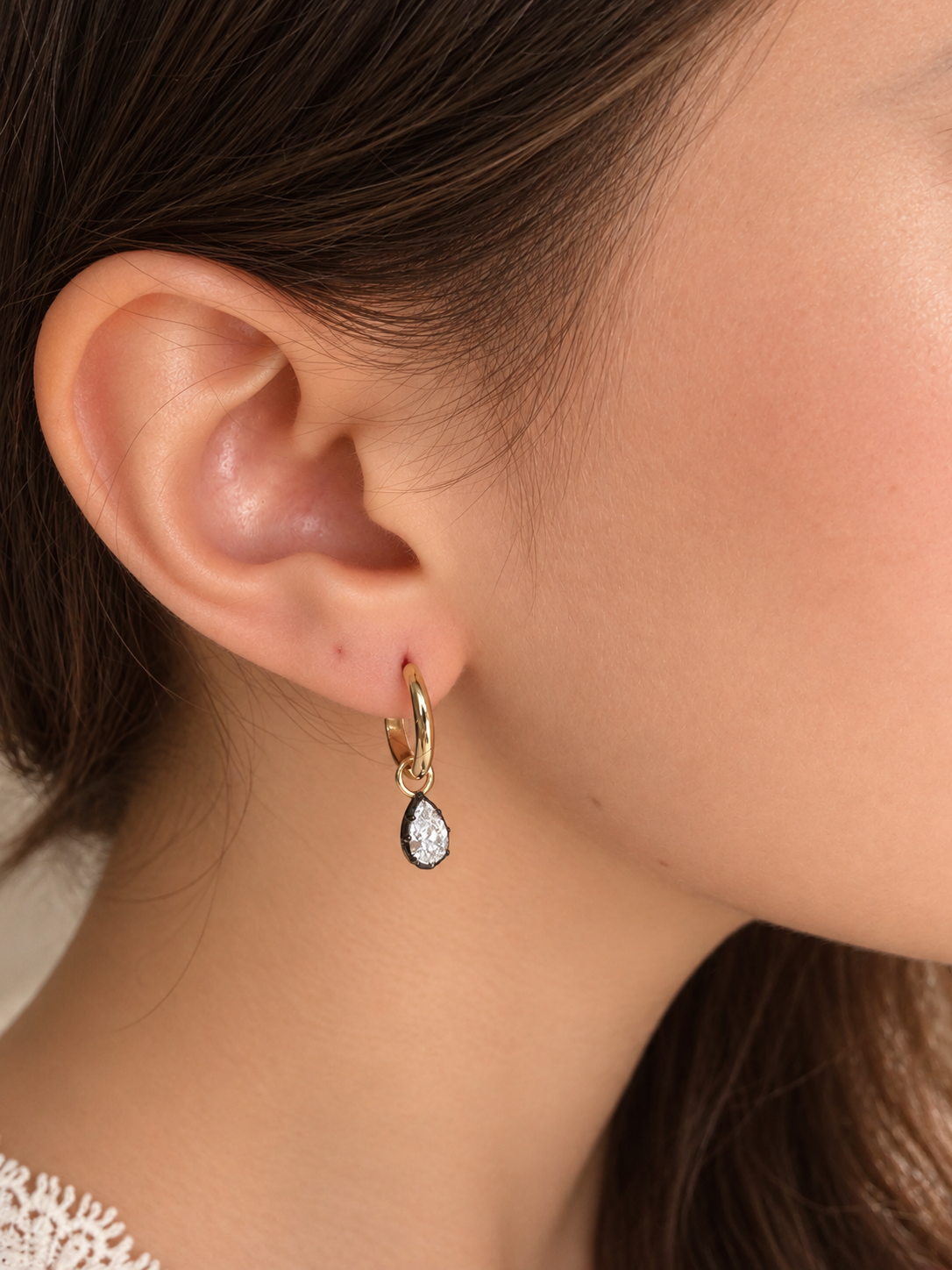 14kt Yellow Gold Lab Grown Pear Shape Hoop Earrings Black Rhodium Georgian