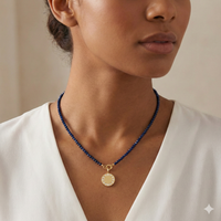 Created Blue Sapphire Bead Necklace with Disc Charm and CZ Accents Adjustable