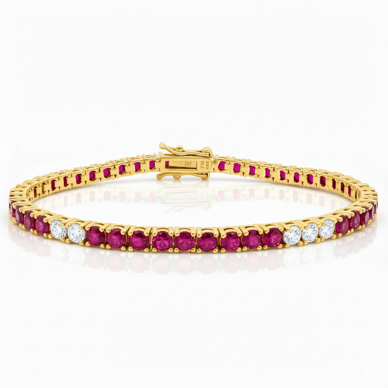 Tennis Bracelet with Alternating Created Rubies and CZ  7 Inches