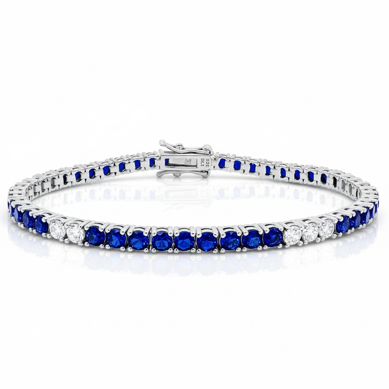 Tennis Bracelet with Alternating Created Sapphires and CZ  7 Inches
