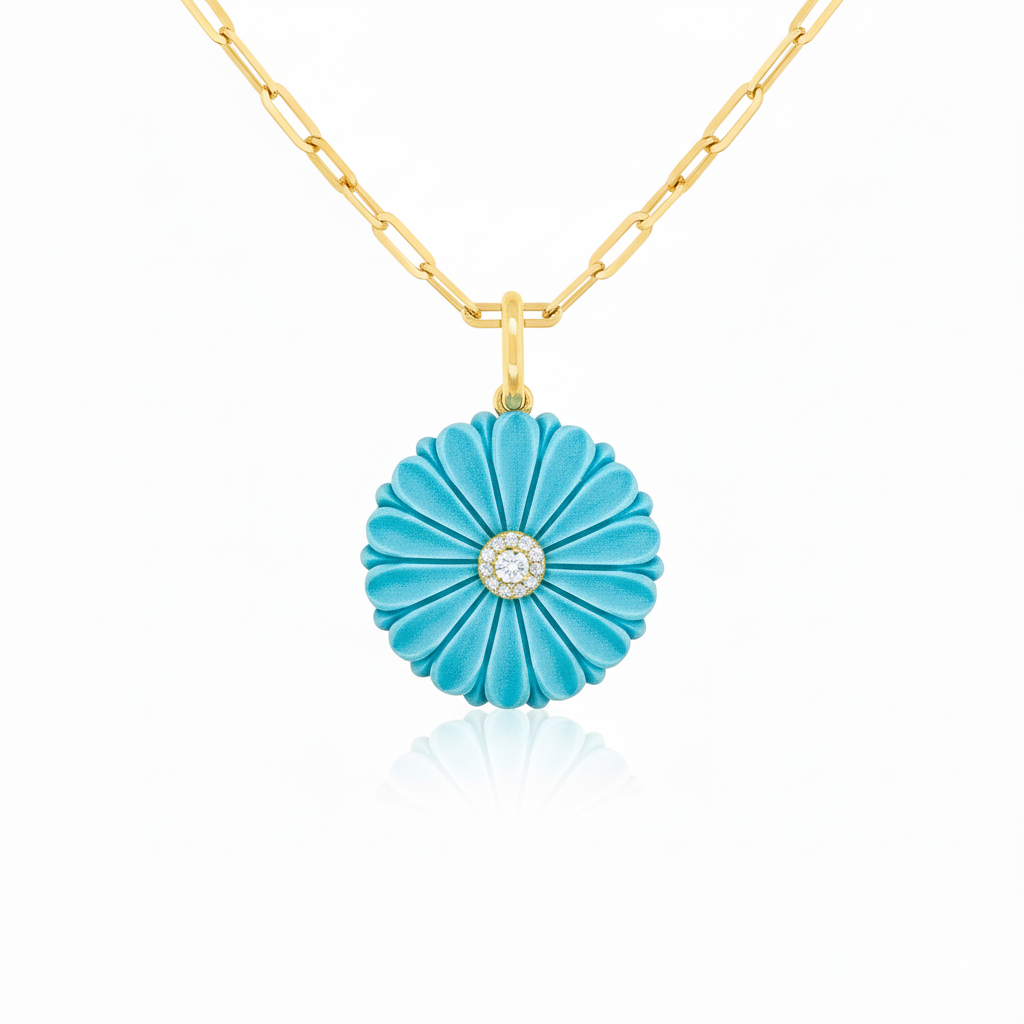 Turquoise Flower Charm Gold Over Silver and CZ