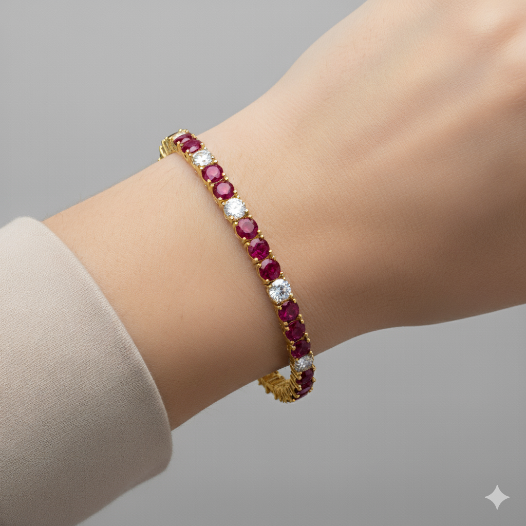 Tennis Bracelet with Alternating Created Rubies and CZ  7 Inches