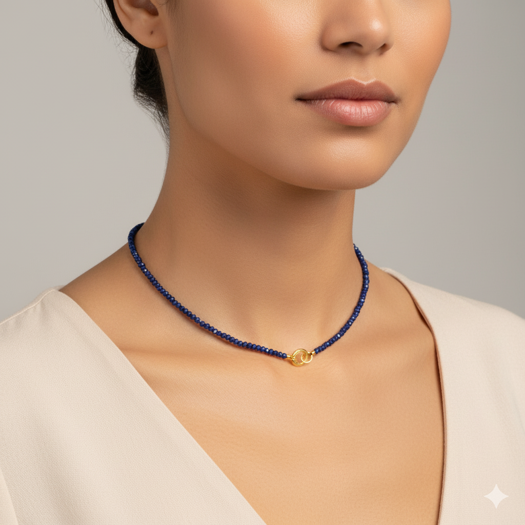 Created Blue Sapphire Bead Necklace with Silver over Gold and CZ Enhancer Charm Clip