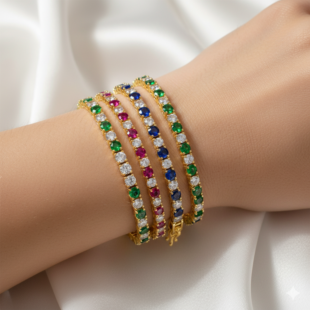 Created Emerald and CZ Yellow Silver Alternating Tennis Bracelet 7 inches