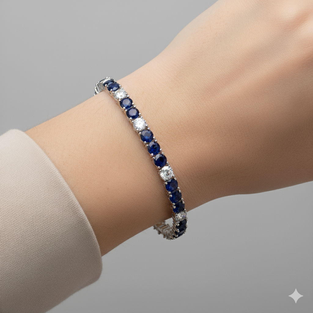 Tennis Bracelet with Alternating Created Sapphires and CZ  7 Inches