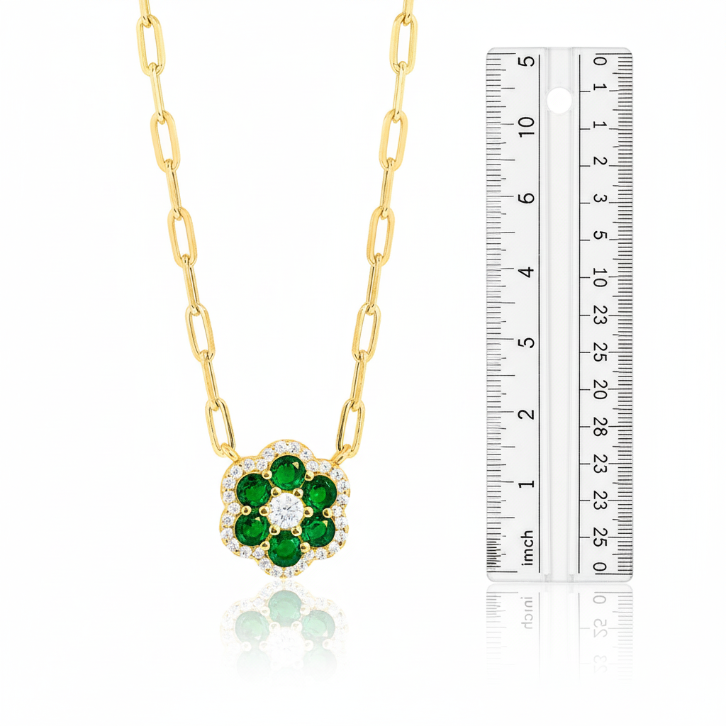 Vermeil Paperclip Created Emerald and CZ Flower Rose Layering Necklace