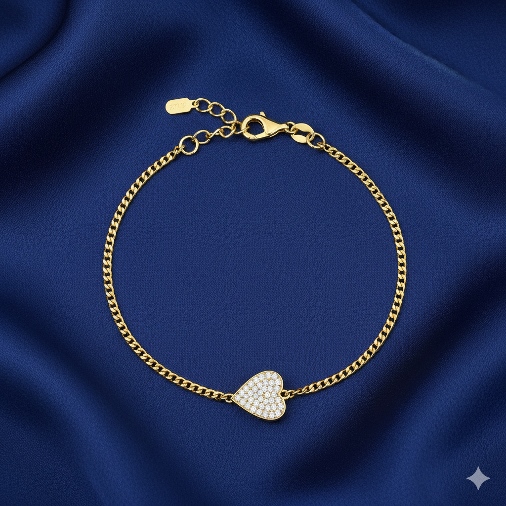 Etoielle Horizontal  Heart  Yellow Silver Curb Chain Bracelet 7 inches