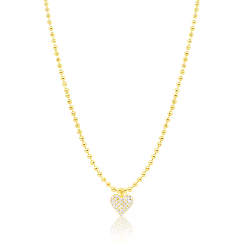 Yellow Gold Tone Puffed Heart Necklace with Beaded Ball Chain