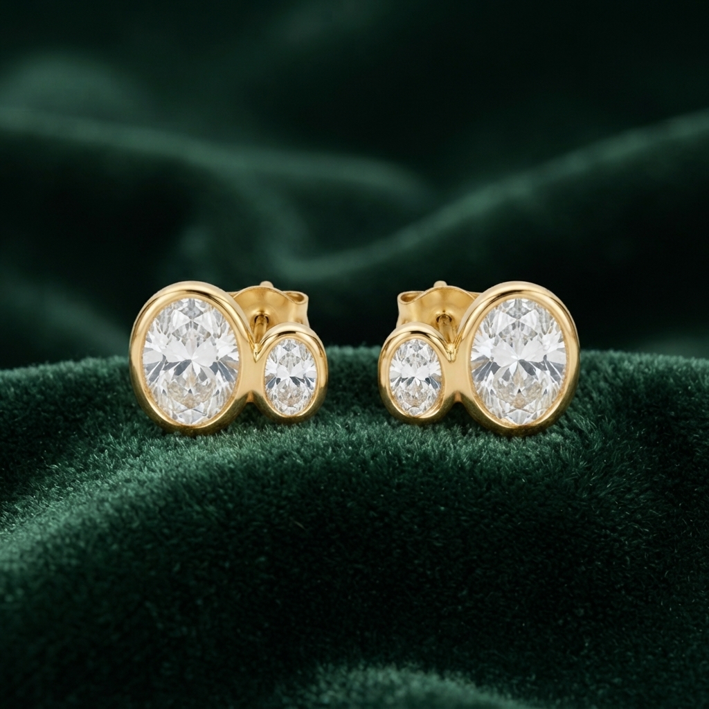 Double Oval Stud Earrings Gold over SilverA
