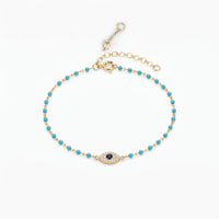 Turquoise Beaded Gold Over Silver Bracelet 7 inches  Mini Evil Eye Good Luck