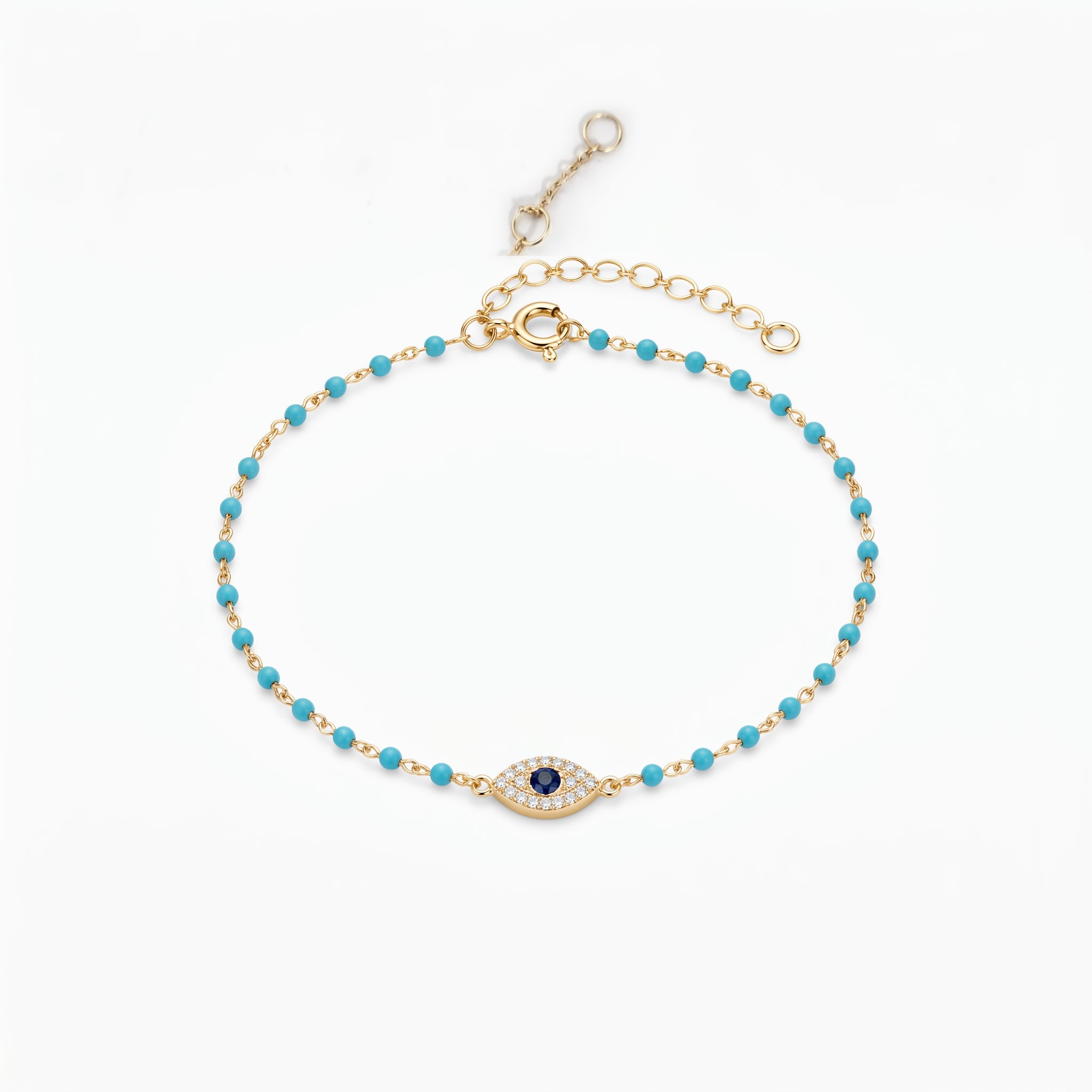 Turquoise Beaded Gold Over Silver Bracelet 7 inches  Mini Evil Eye Good Luck