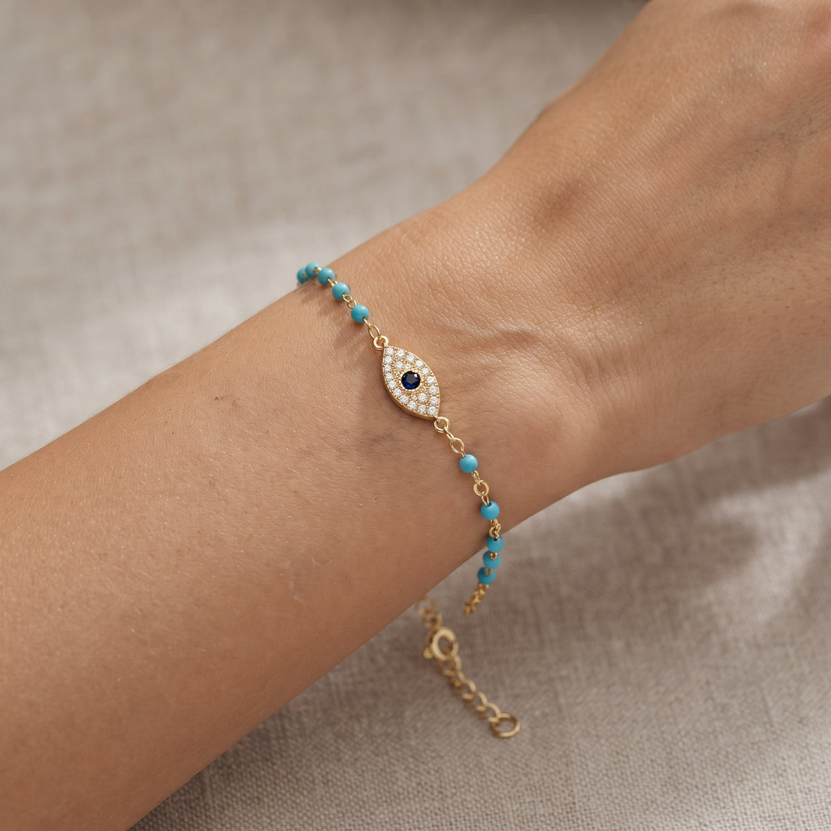 Turquoise Beaded Gold Over Silver Bracelet 7 inches  Mini Evil Eye Good Luck