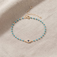 Turquoise Beaded Gold Over Silver Bracelet 7 inches  Mini Evil Eye Good Luck