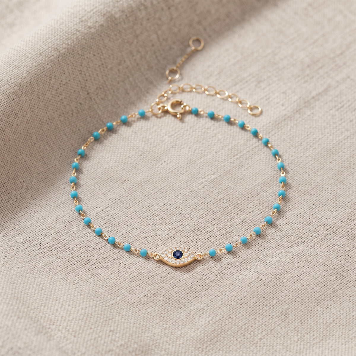 Turquoise Beaded Gold Over Silver Bracelet 7 inches  Mini Evil Eye Good Luck