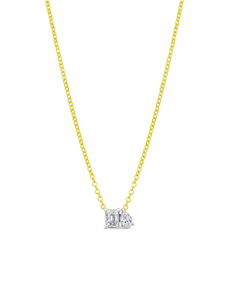 Toi et Moi Emerald and Pear Shape Lab Grown Diamond Necklace 14kt Yellow Gold 18 inches