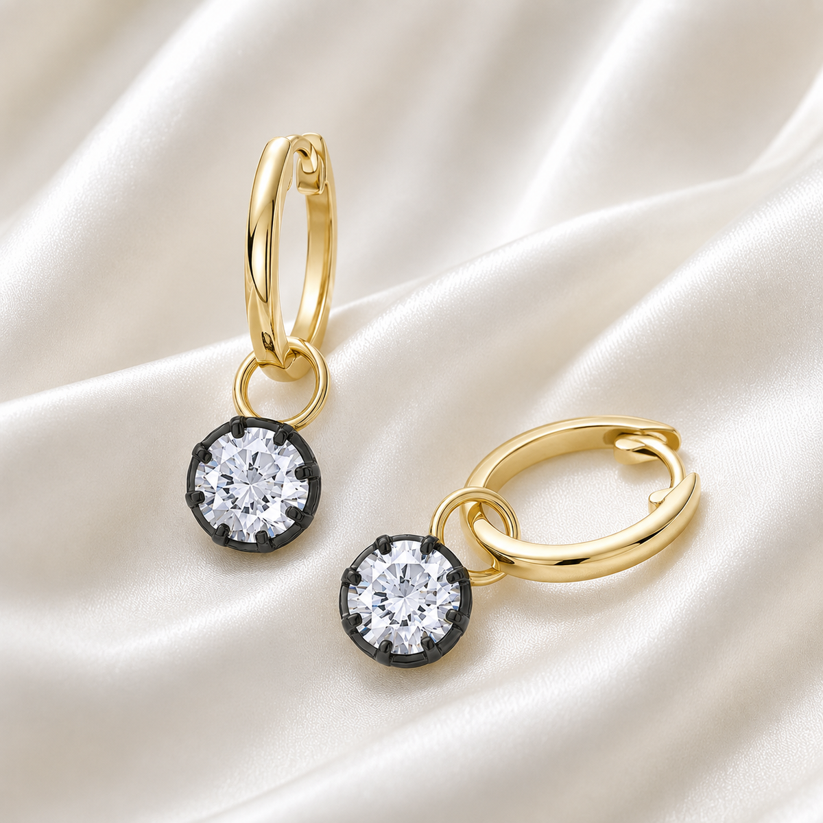 Huggie Earrings Georgian Round Shape Lab Grown Two Tone With Black Rhodium