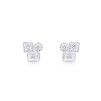 Three Stone Lab Grown Diamond Studs with a Halo of Diamonds Round Princess and Emerald Cut 1.89 ct