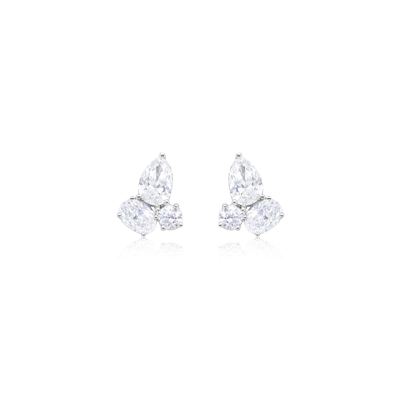 3 Stone Lab Grown Diamond Stud Earrings 1.5 carat Oval Pear and Round 14kt White Gold
