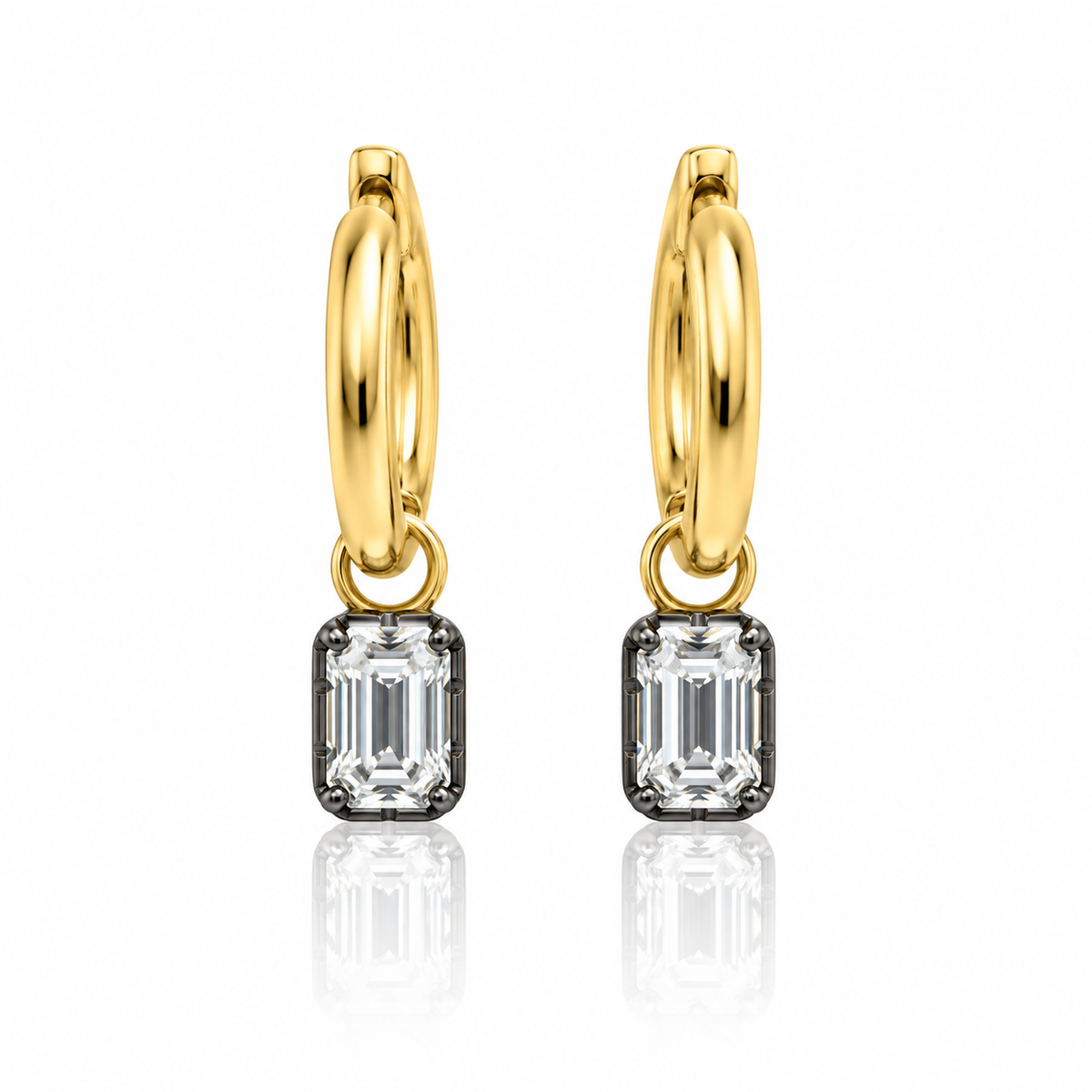 Georgian Lab Grown Diamond Emerald Cut Huggies 14kt Yellow Gold Black Rhodium