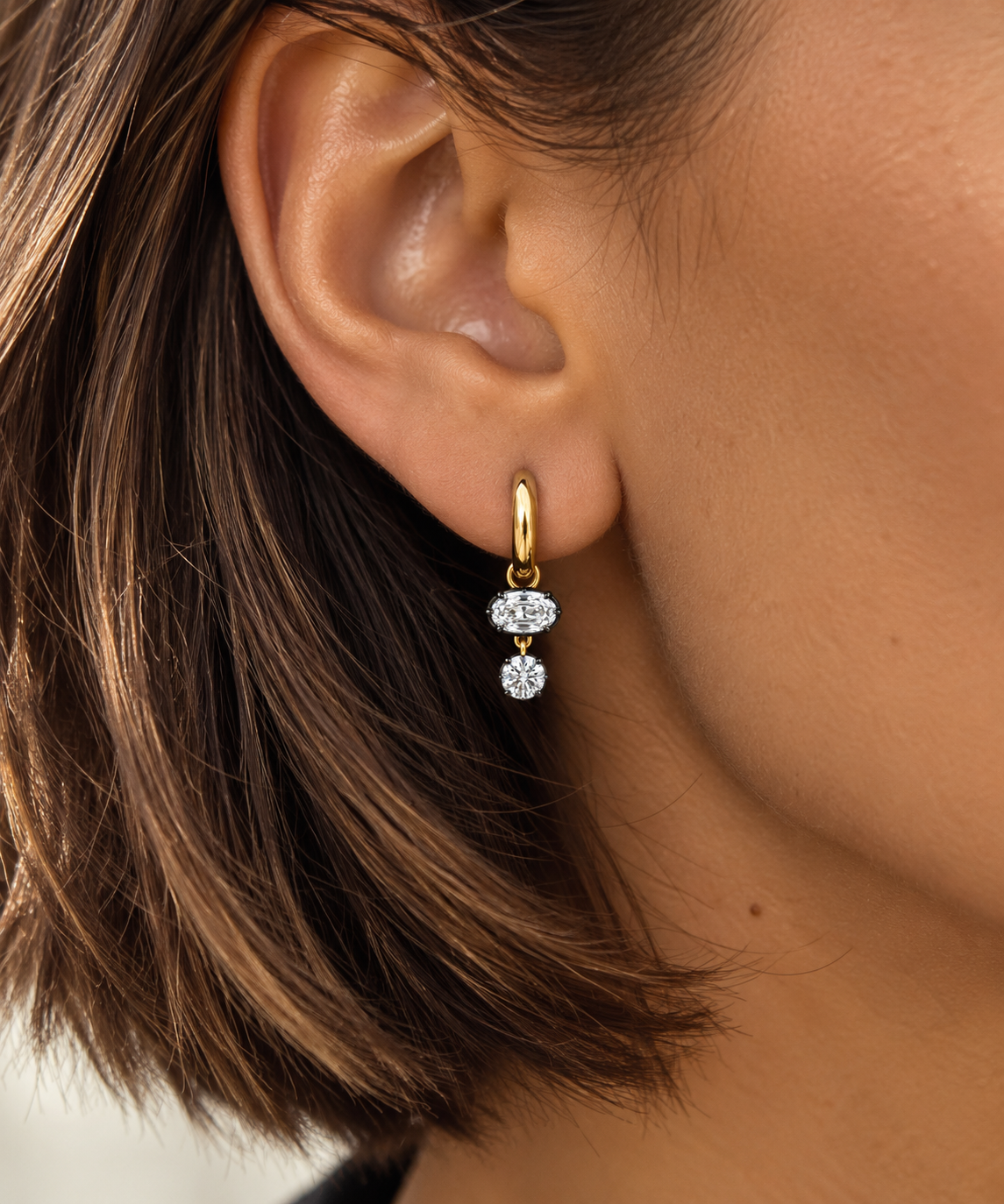 Georgian Setting Lab Grown Diamond Multi Oval Two Stone Huggies Black Rhodium