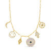 Symbols Necklace with Evil Eyes Hamsa Hands Smiley Face and North Star with Cubic Zirconia and Created Blue Sapphire