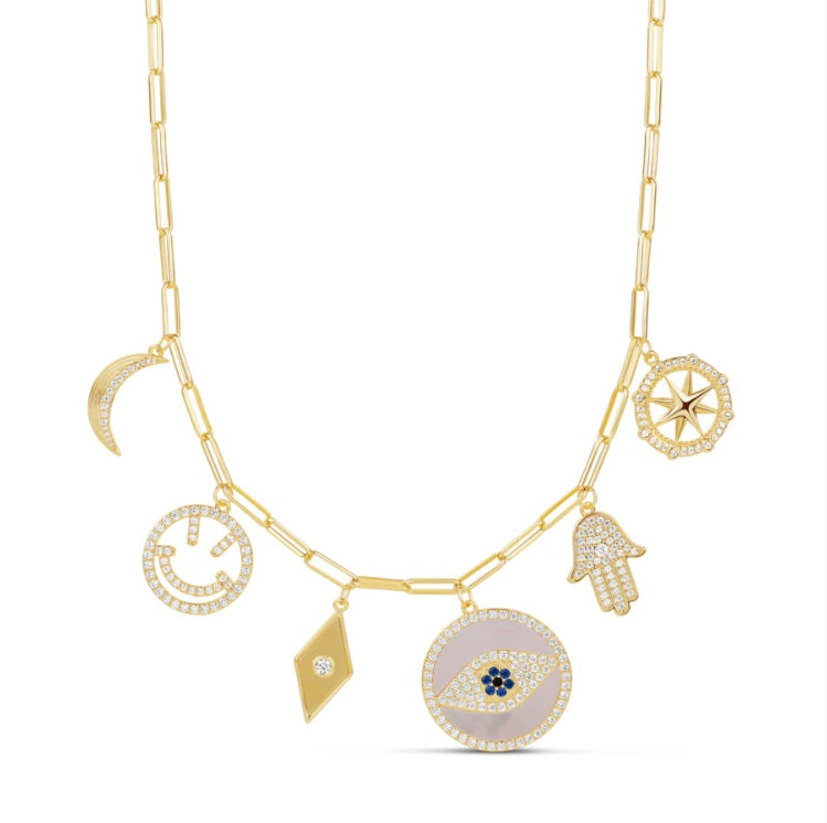 Symbols Necklace with Evil Eyes Hamsa Hands Smiley Face and North Star with Cubic Zirconia and Created Blue Sapphire
