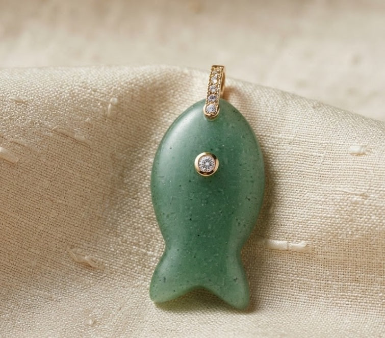 Green Aventurine Gold over SIlver CZ Fish Charm