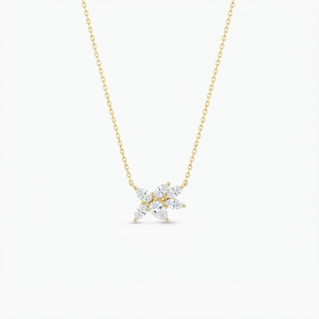 Cluster Flower Necklace in CZ and Gold over Silver 18 inches Adjustable