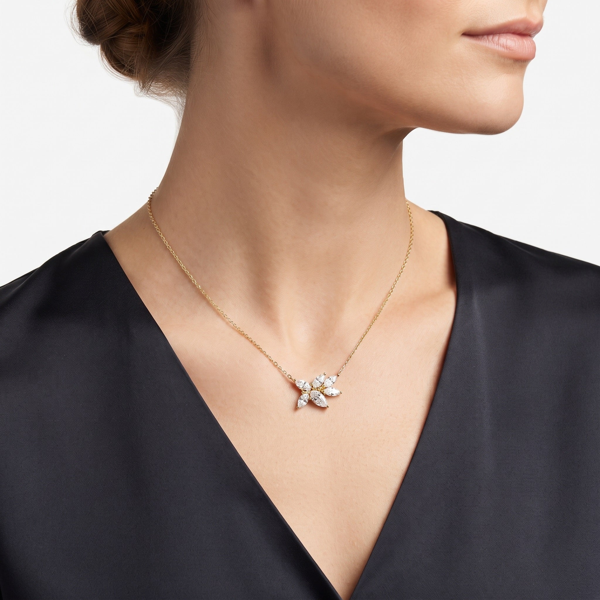 Cluster Flower Necklace in CZ and Gold over Silver 18 inches Adjustable