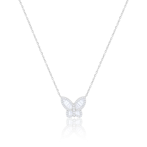 White Gold Tone CZ Baguette Butterfly Necklace