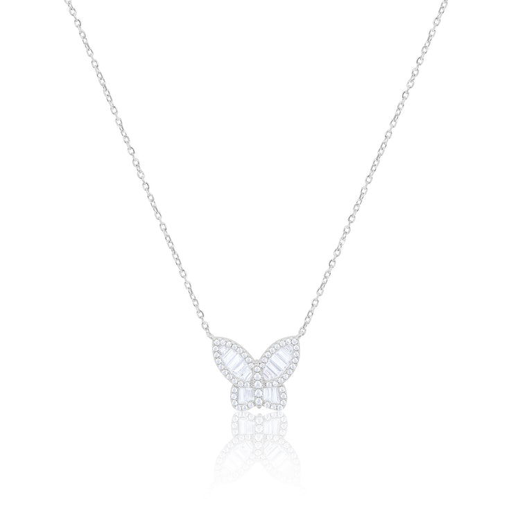 White Gold Tone CZ Baguette Butterfly Necklace