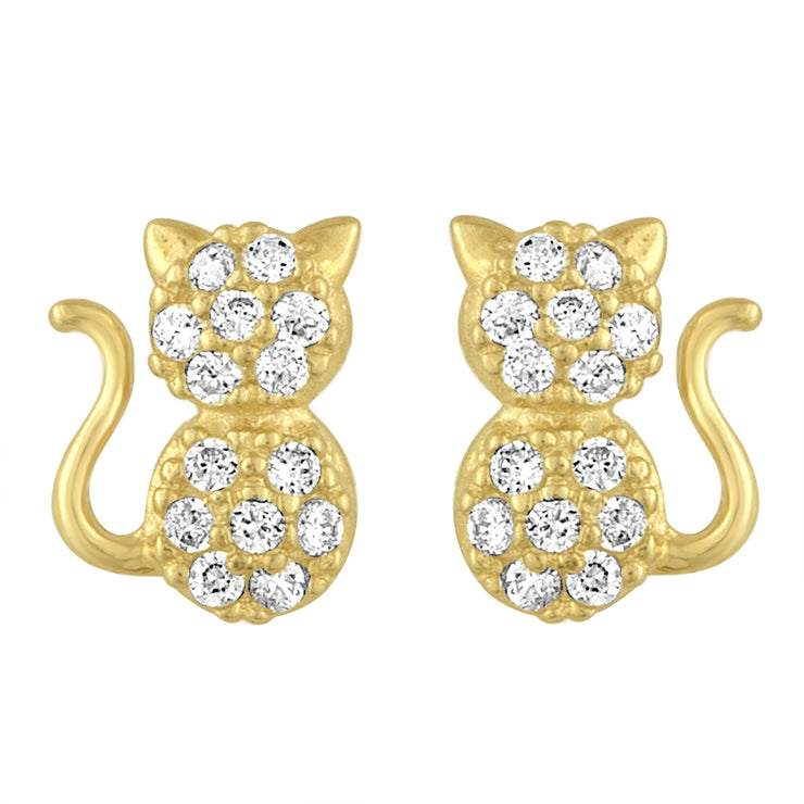 Cat Stud Earrings in Yellow Gold and CZ