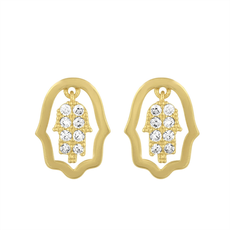 Hamsa Stud Earrings in Yellow Gold with Cz