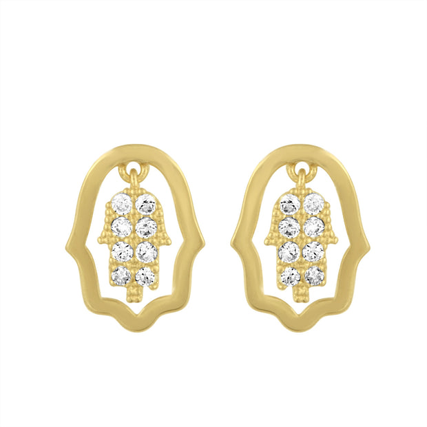 Hamsa Stud Earrings in Yellow Gold with Cz