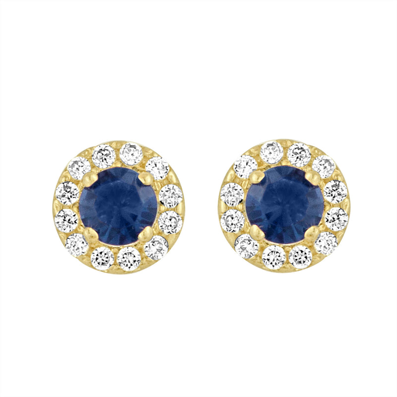 Yellow Gold Halo Studs with Created Blue Sapphire Center and CZ