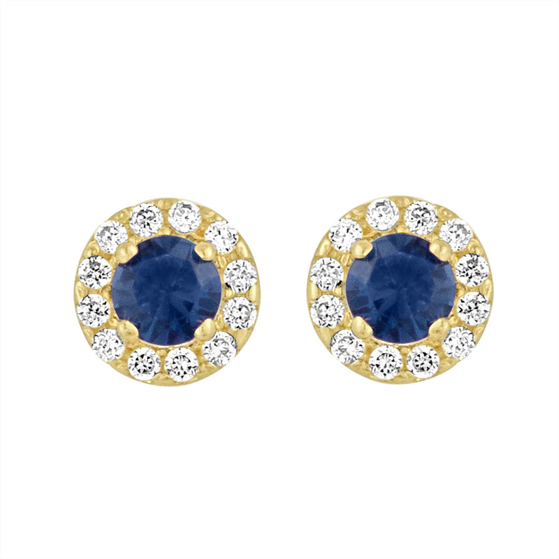 Yellow Gold Halo Studs with Created Blue Sapphire Center and CZ